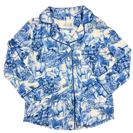 color: Blue Palm Grove Toile