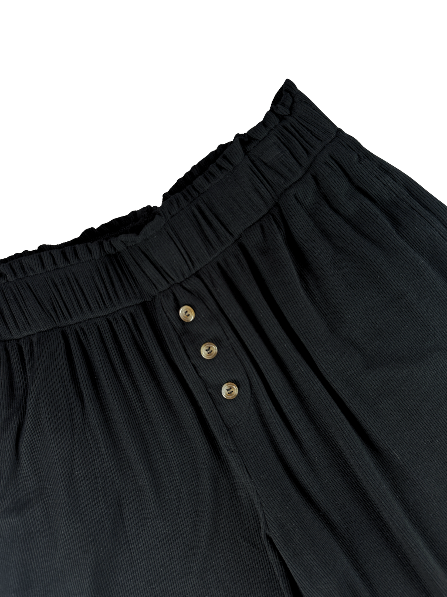 Black pants with gold buttons on a white background