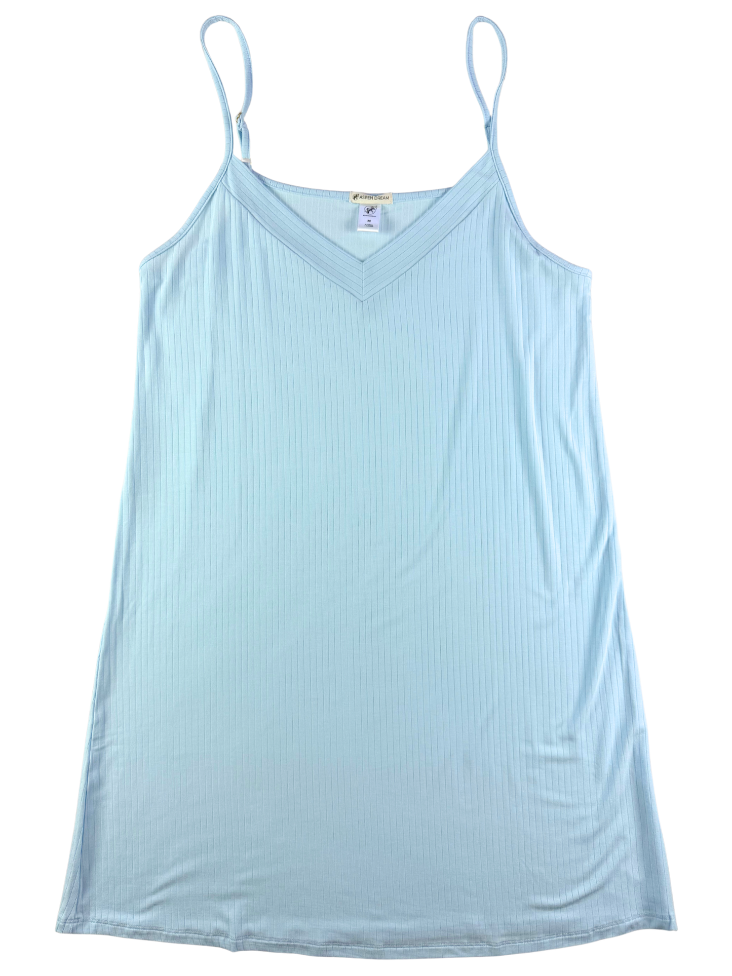 Light blue ribbed nightgown with thin straps on a white background