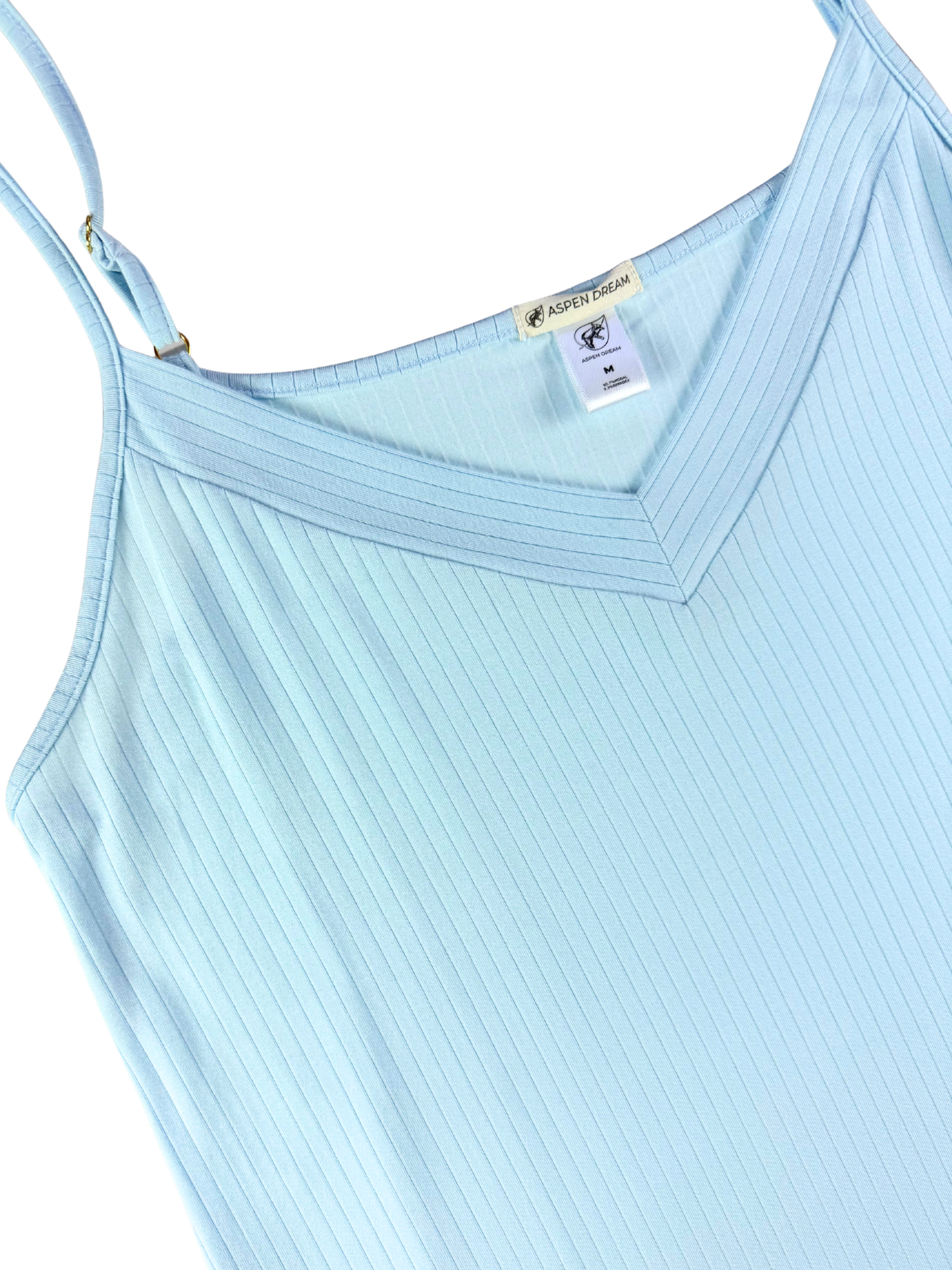 Light blue ribbed tank top with a brand tag on a white background