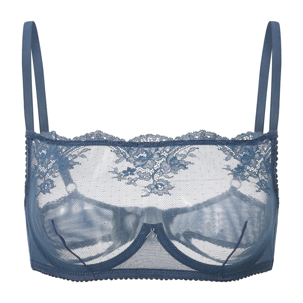 Light grey-blue underwire lace bra on a plain white background. 