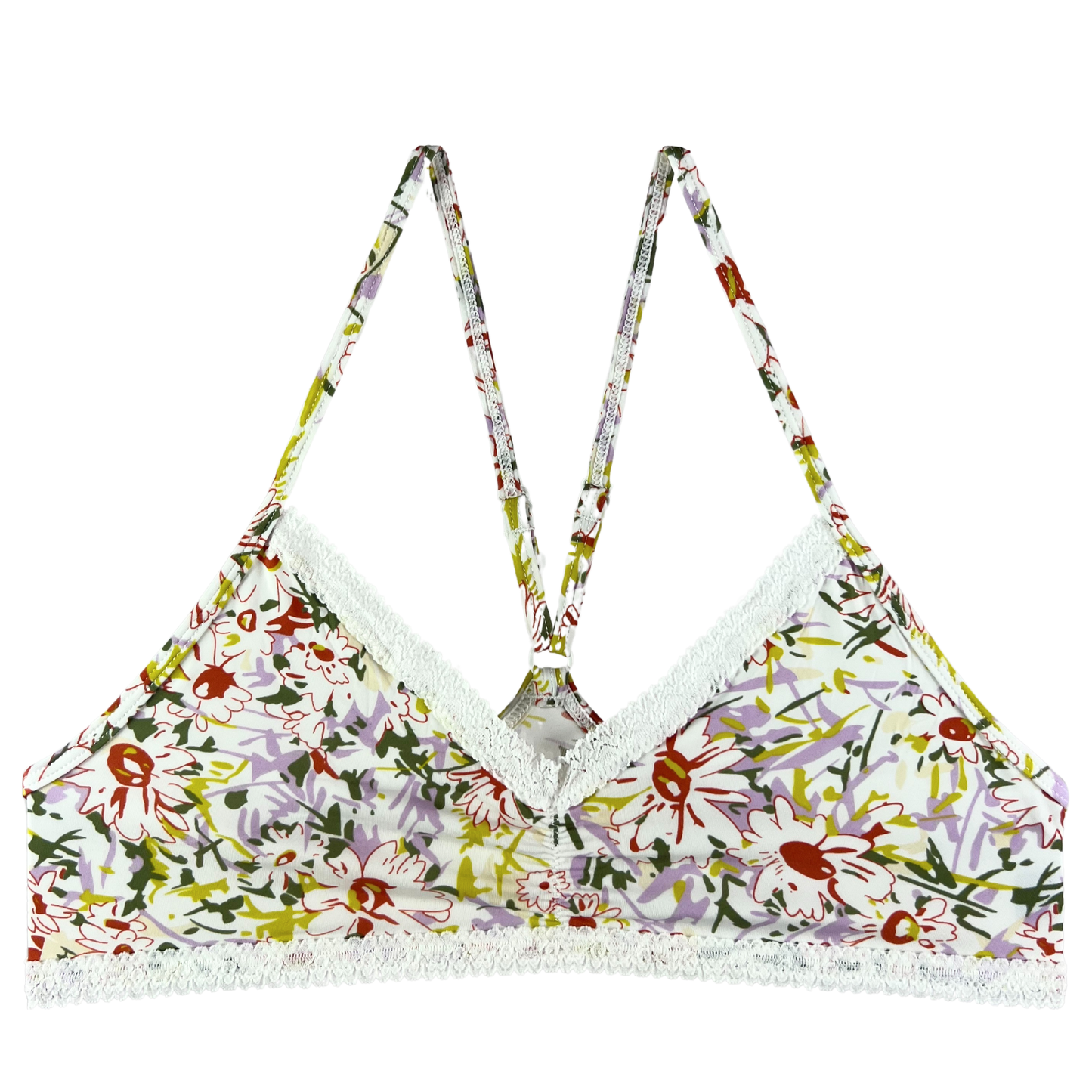 A floral print micro lace trim bralette with adjustable straps and a hook & eye back closure.