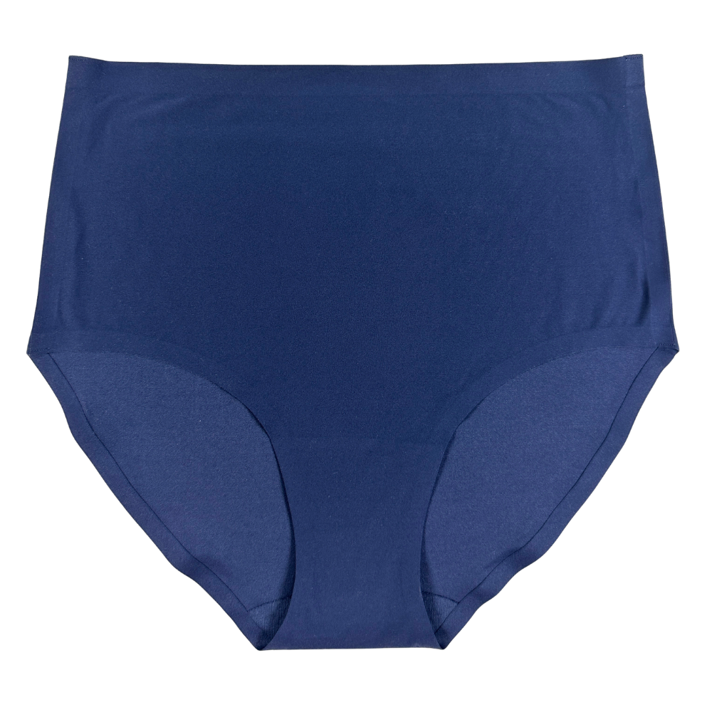 A pair of high-waisted, seamless briefs in a solid dark blue color, shown flat against a plain white background.