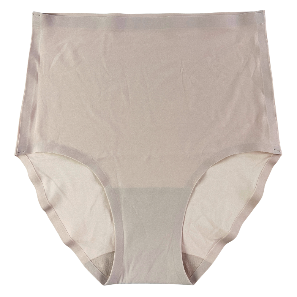 A pair of high-waisted seamless underwear in a light beige or nude color, shown flat against a white background.