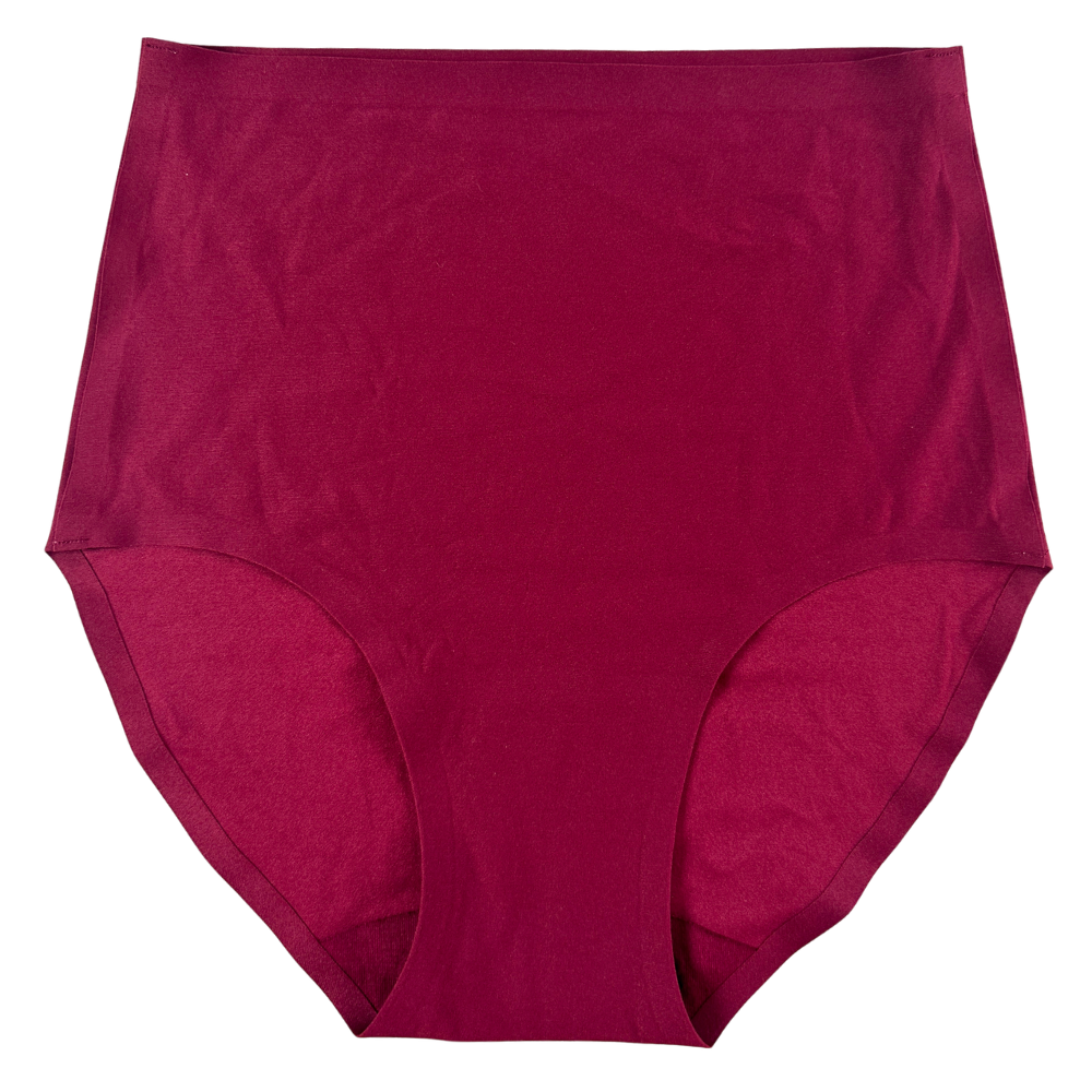 A pair of high-waisted, seamless briefs in a deep magenta or burgundy shade, shown flat against a solid white background.