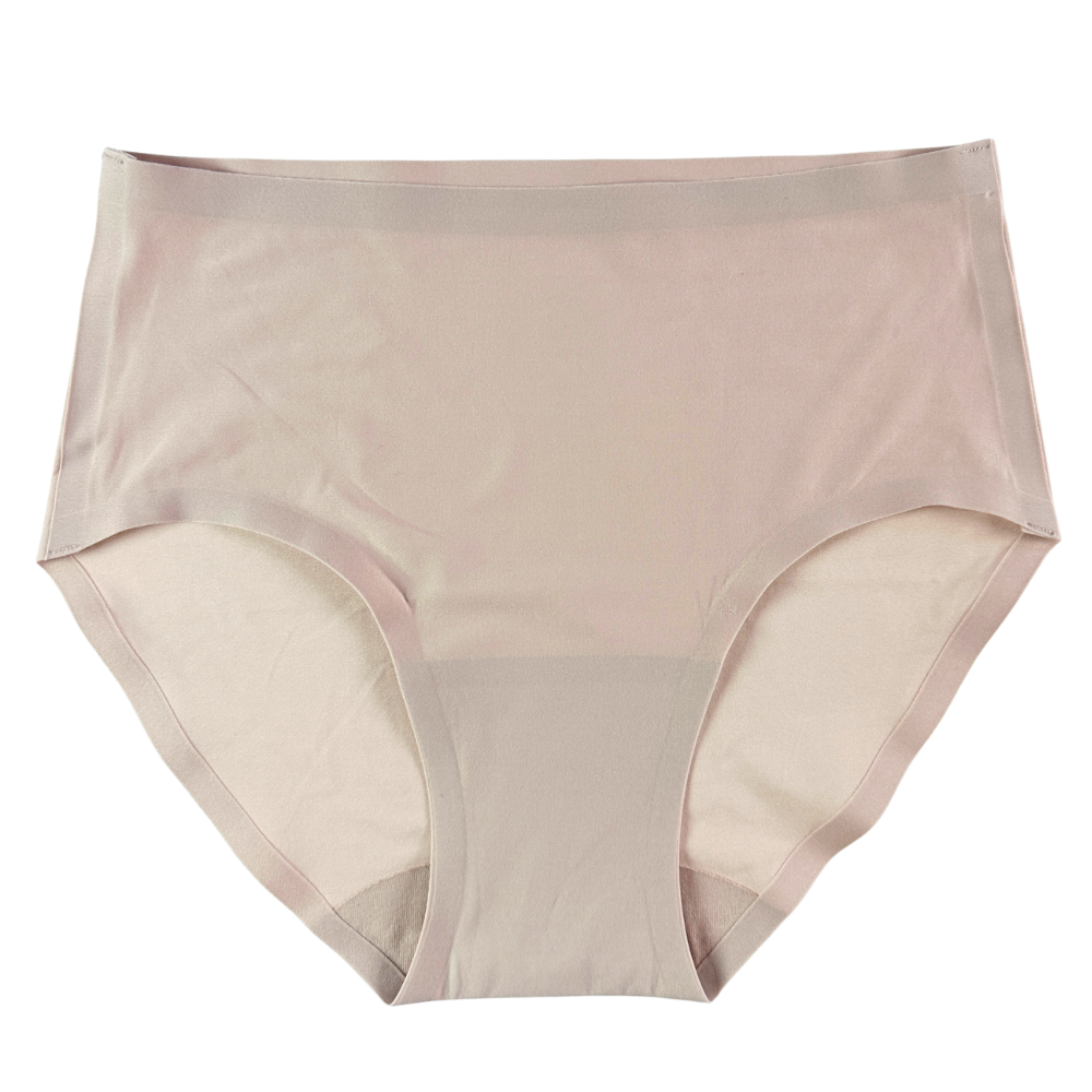 A pair of high-waisted, seamless underwear in a soft, pale blush pink color, displayed flat against a solid white background.