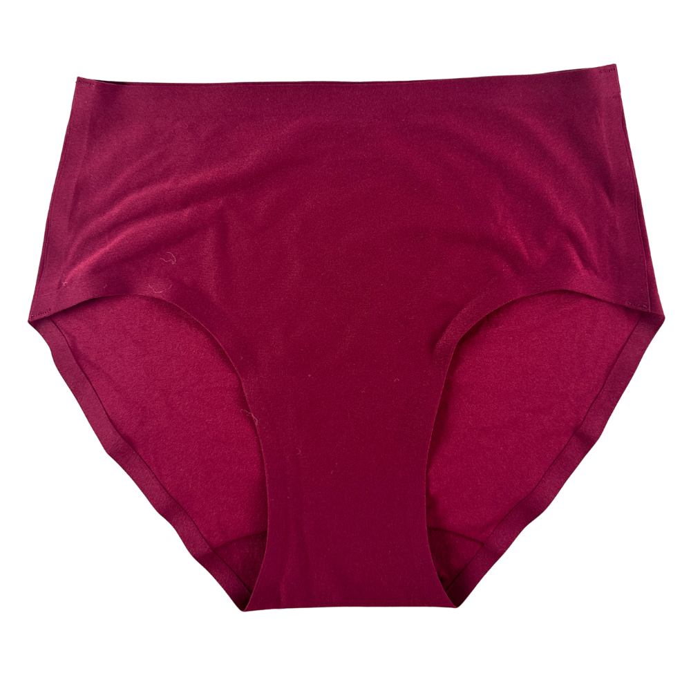 A pair of high-waisted, seamless briefs in a deep burgundy color, shown flat against a solid white background.