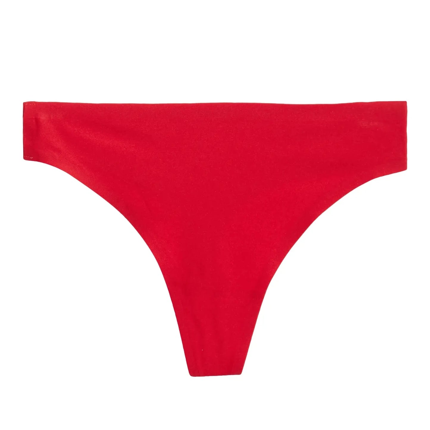 A bright red thong-style bikini bottom or underwear shown flat against a plain white background.