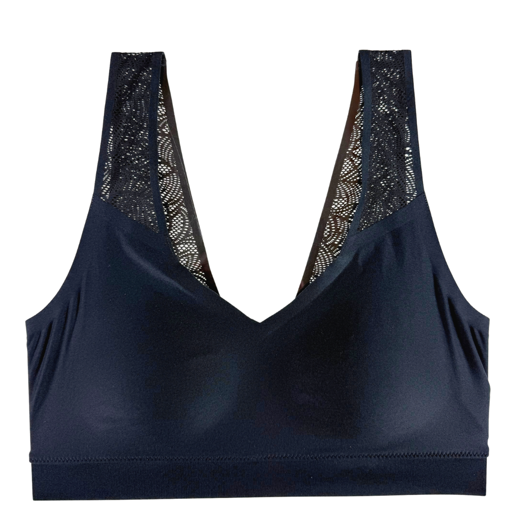 A dark navy blue bra with black lace mesh shoulder panels, shown flat against a solid white background.