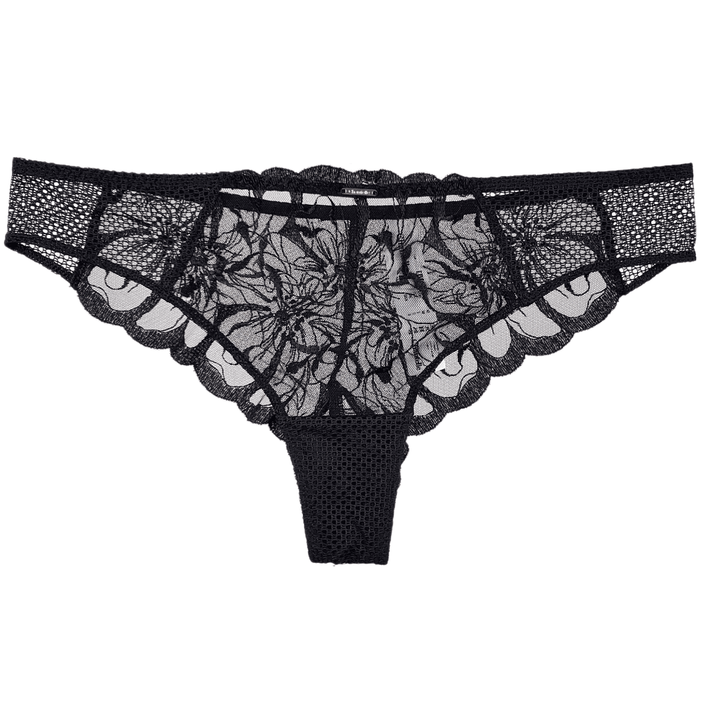 Chantelle Fleurs thong in black, front view on white background, close-up.