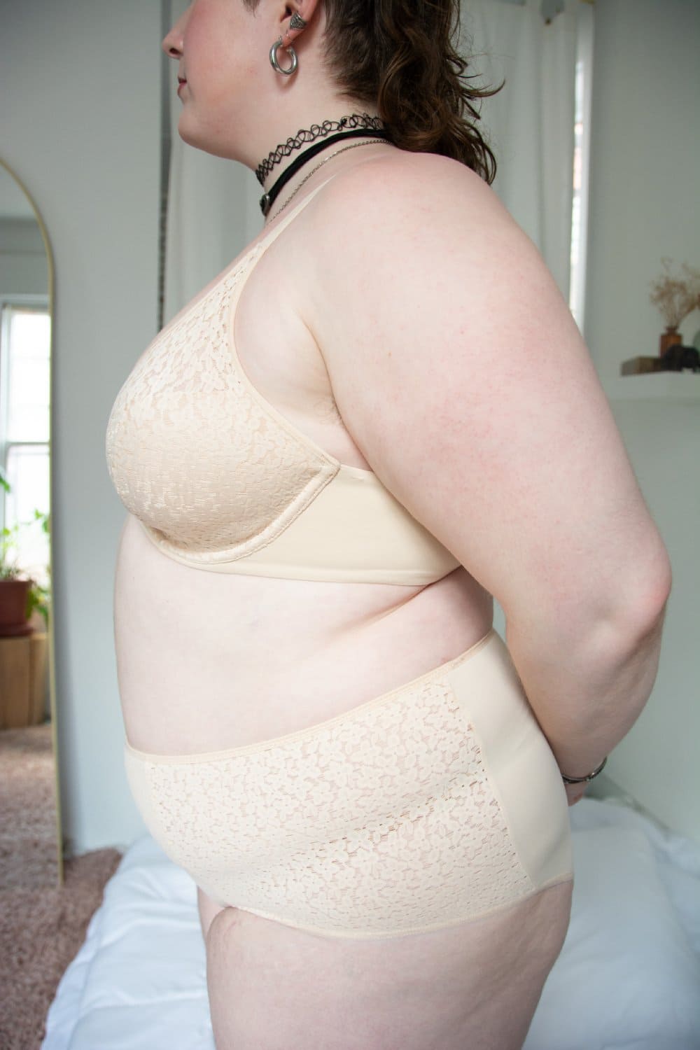 Chantelle norah comfort underwire bra in nude blush, side view on a model, close-up.