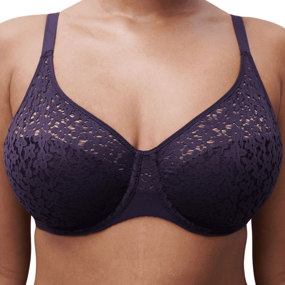 Chantelle norah comfort underwire bra in nude blush fatal violet, front view on a model, close-up.