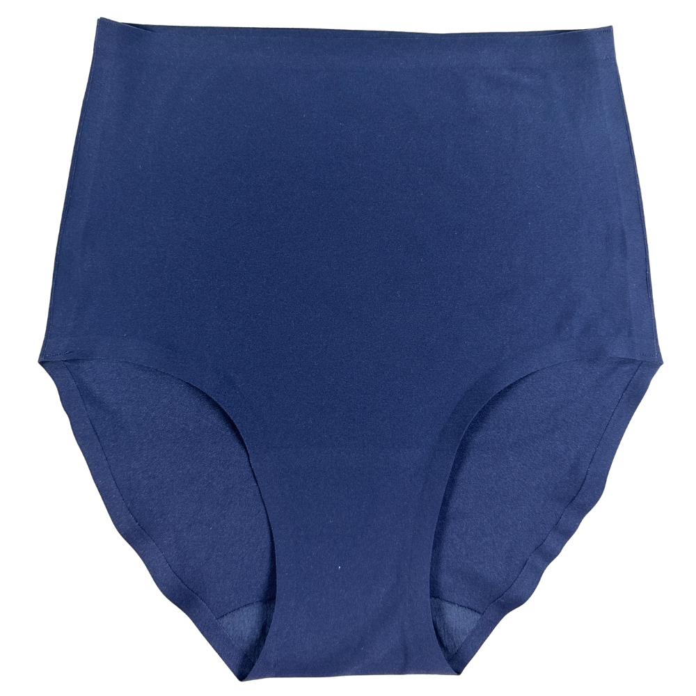 A pair of high-waisted, seamless briefs in a solid dark blue color, displayed flat against a plain white background.