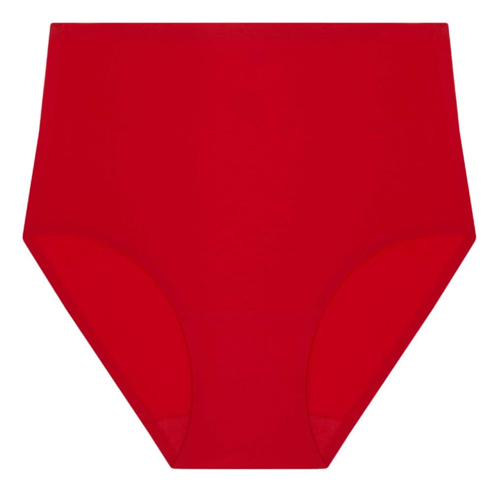 Chantelle soft stretch high rise brief in poppy red, front view on a white background, close-up.