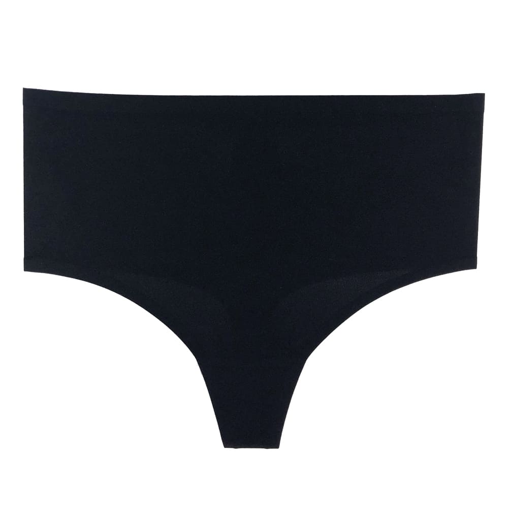 Chantelle soft stretch high waist thong in black, front view on a white background, close-up.