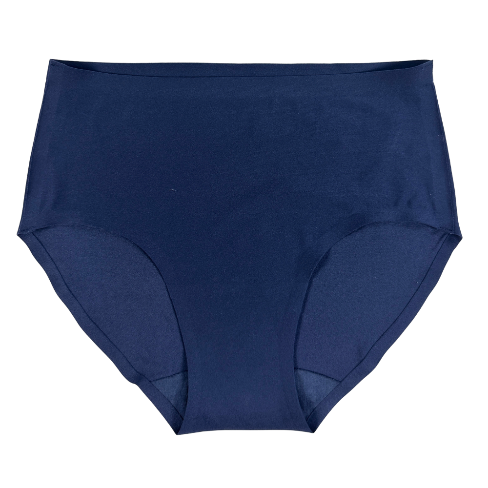 A pair of high-waisted, seamless navy blue briefs shown flat against a plain white background.