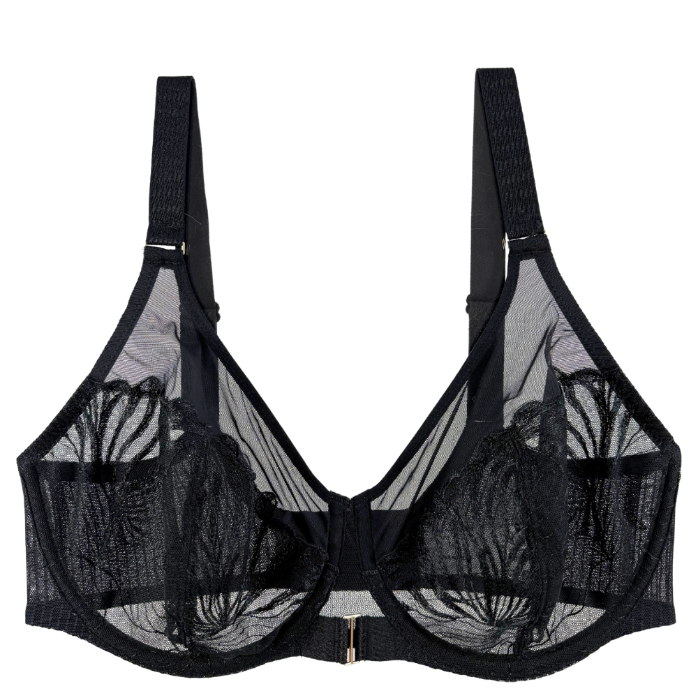 Black bra with sheer panels on a white background