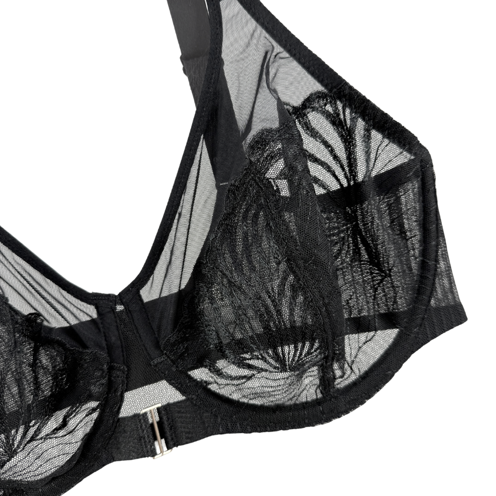 Black lace bra on a white background