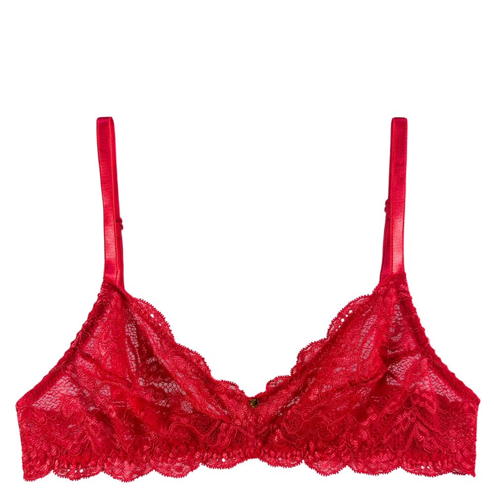 Red lace underwire bra with thin adjustable shoulder straps and scalloped edges, shown against a plain white background.