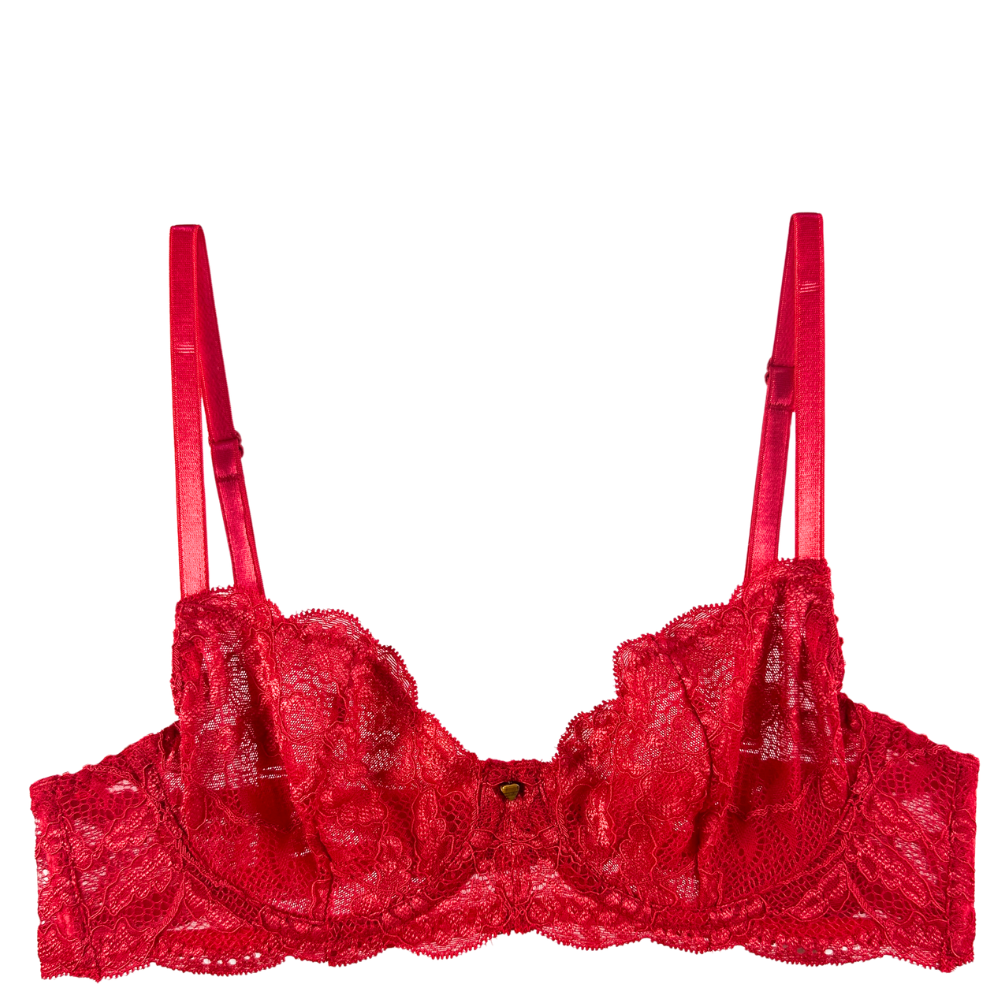 Red lace underwire bra with adjustable shoulder straps and a small gold button at the center front, shown flat on a white background.