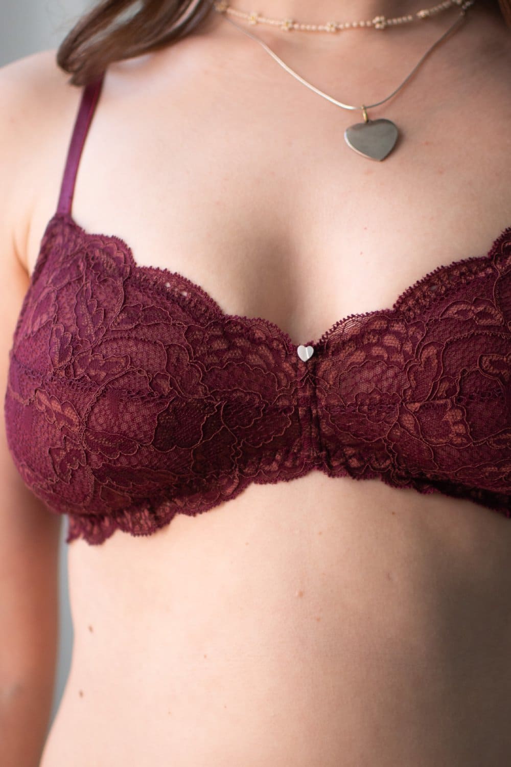 Clo intimo fortuna demi soft bra in crushed berry on a model, front view, close-up.