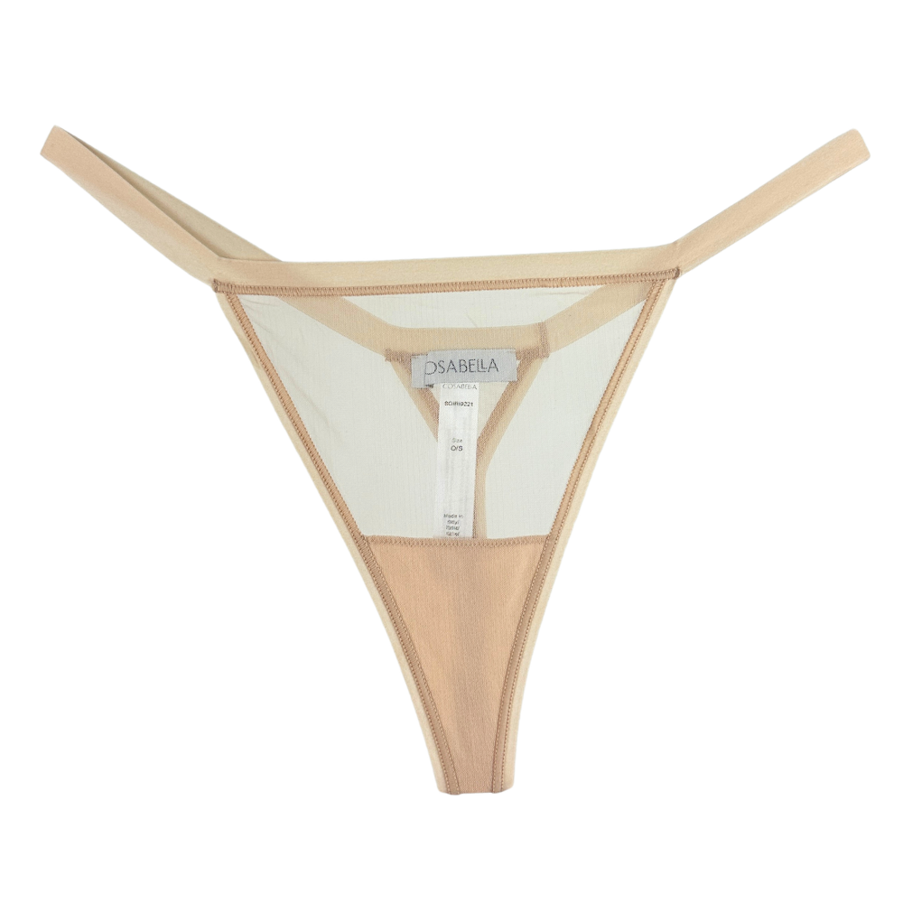 Beige thong with a white label on a white background