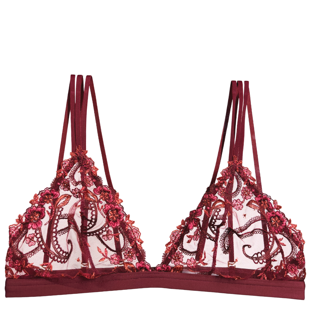red lace bralette with mesh and floral embroidery