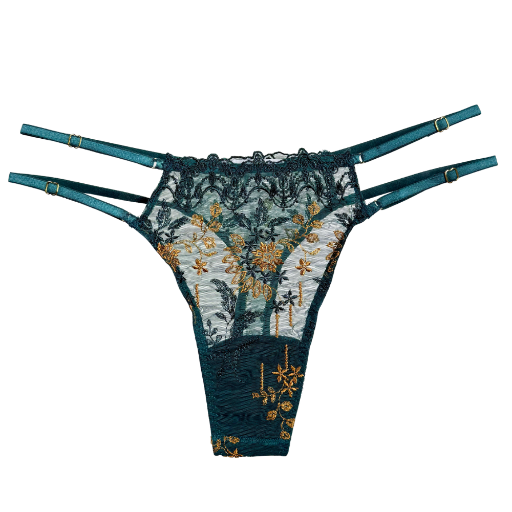 green thong with  double adjustable straps, mesh and gold embroidered overlay, on a white background