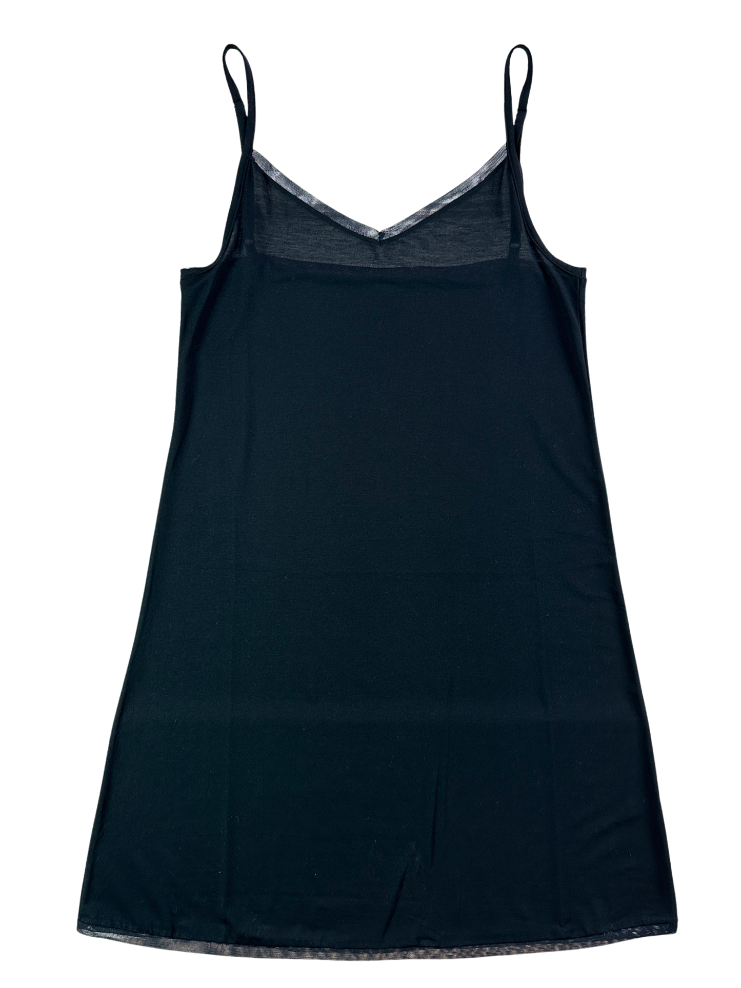 A black camisole nightgown with thin shoulder straps and a sheer mesh V-neckline, displayed flat against a white background.