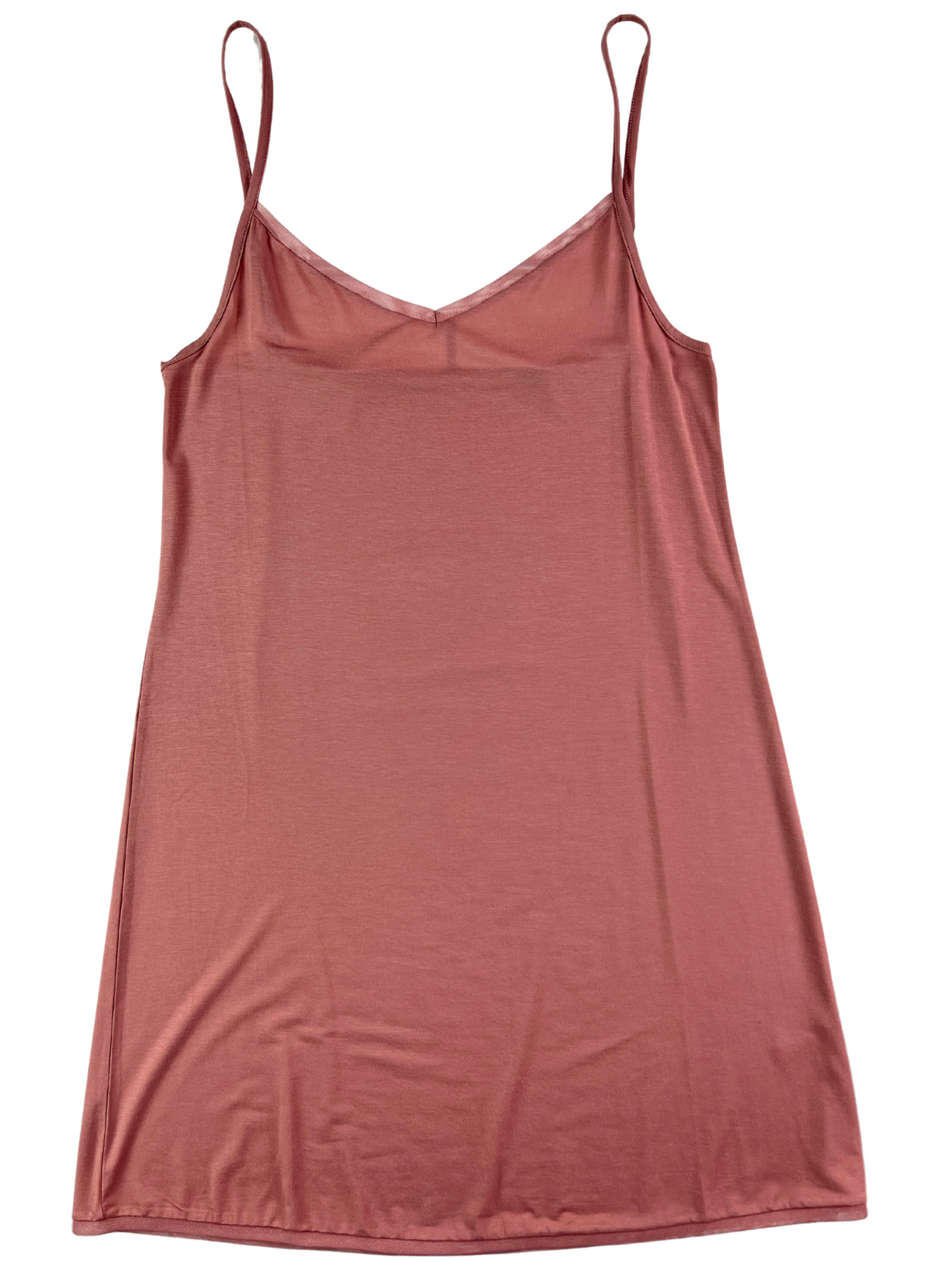 A pink Douceur camisole chemise with spaghetti straps and mesh trim on neckline and hem.