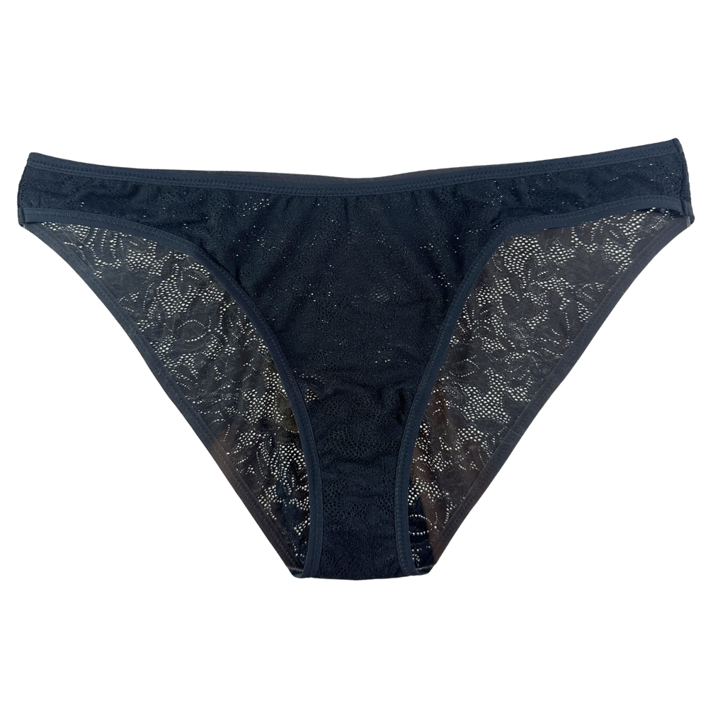 black lace underwear against a white background.