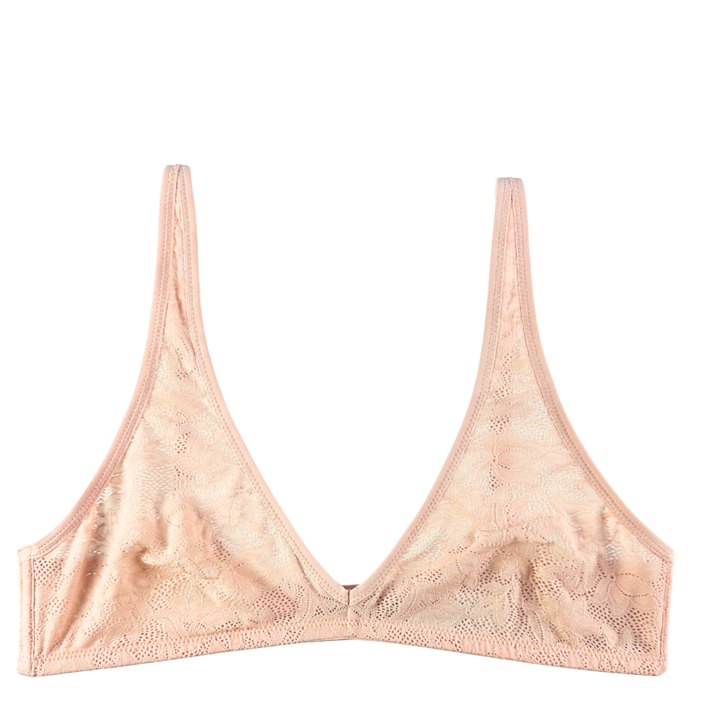 A light peach-beige lace underwire bra with thin shoulder straps, shown flat against a solid white background.