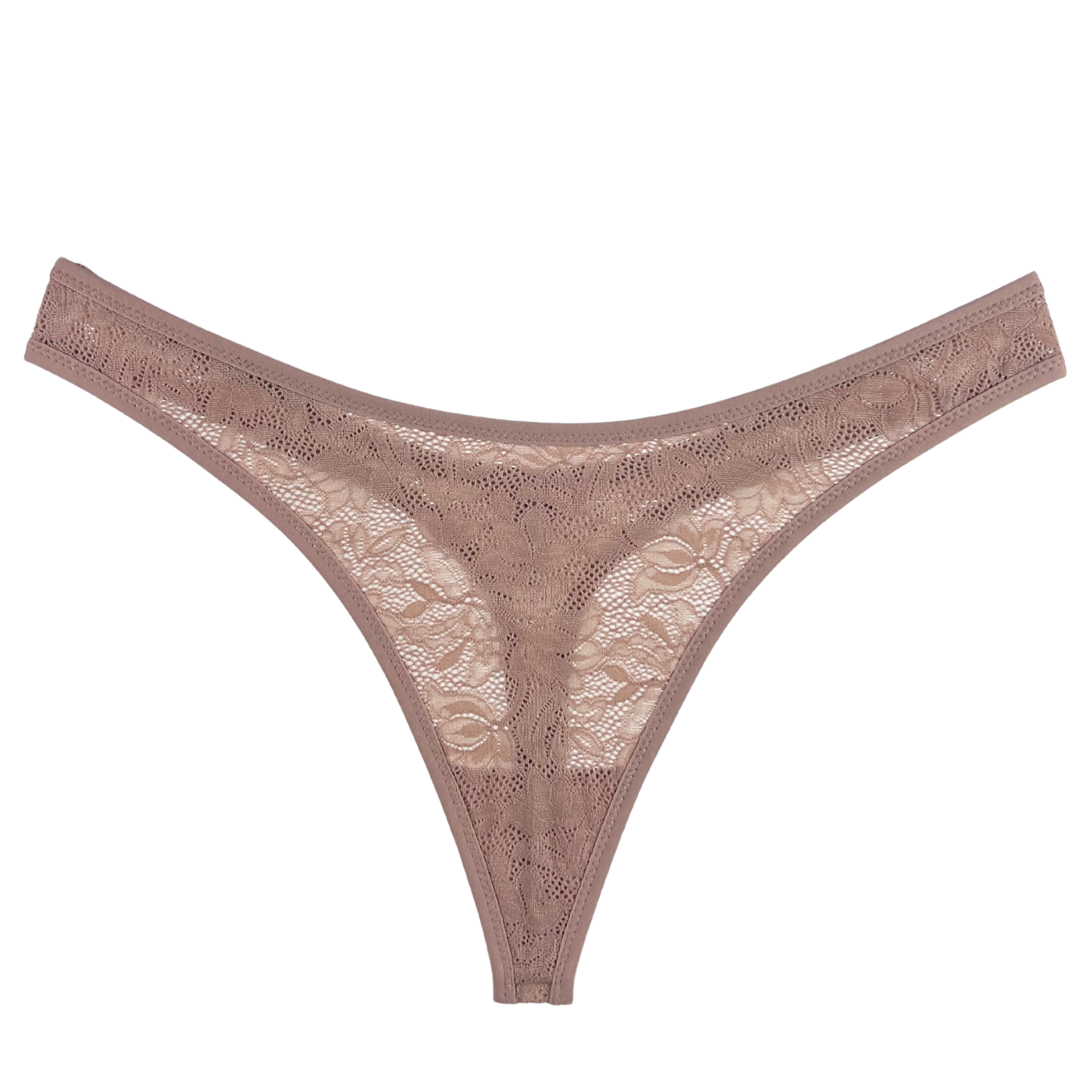 A brown Eberjey thong with soft lace fabric, mid-rise design, and a lined cotton gusset.