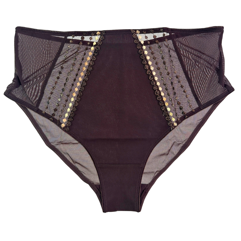brown high rise brief with mesh panels and gold details against a white background.