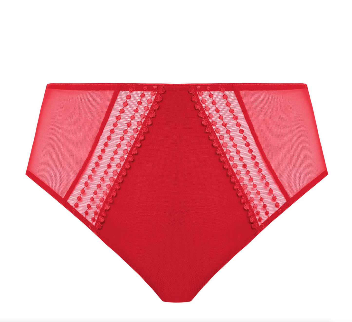 A red high-waisted full brief with mesh detailing and subtle iridescent patterns.
