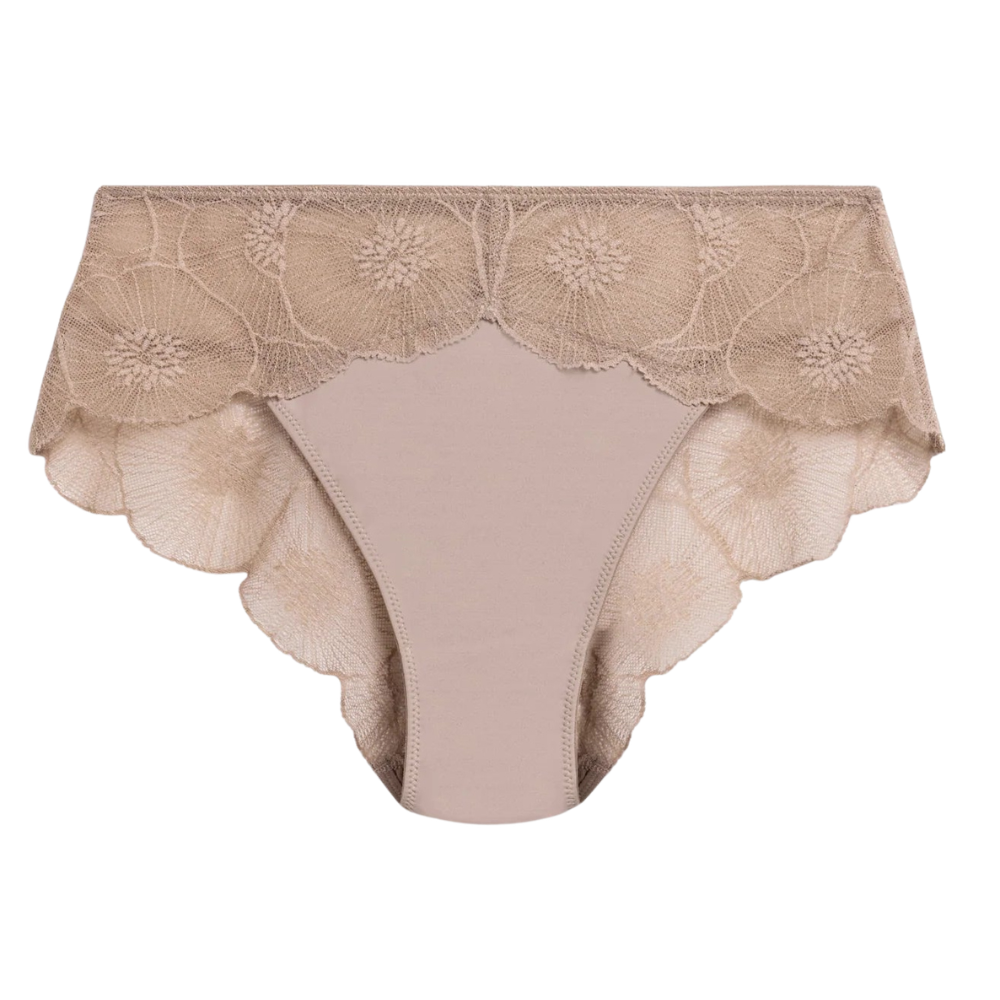 Beige lace-trimmed underwear on a white background