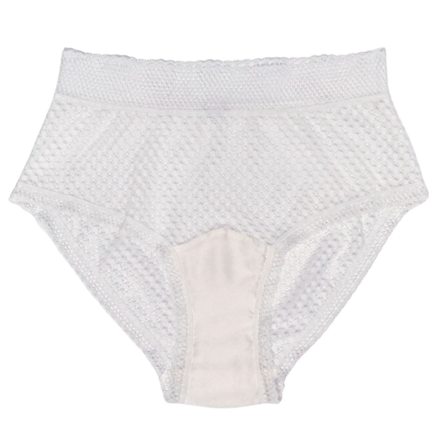 High waist brief with skinny sides and minimal coverage in the back, featuring a white lace design and a lined cotton gusset.