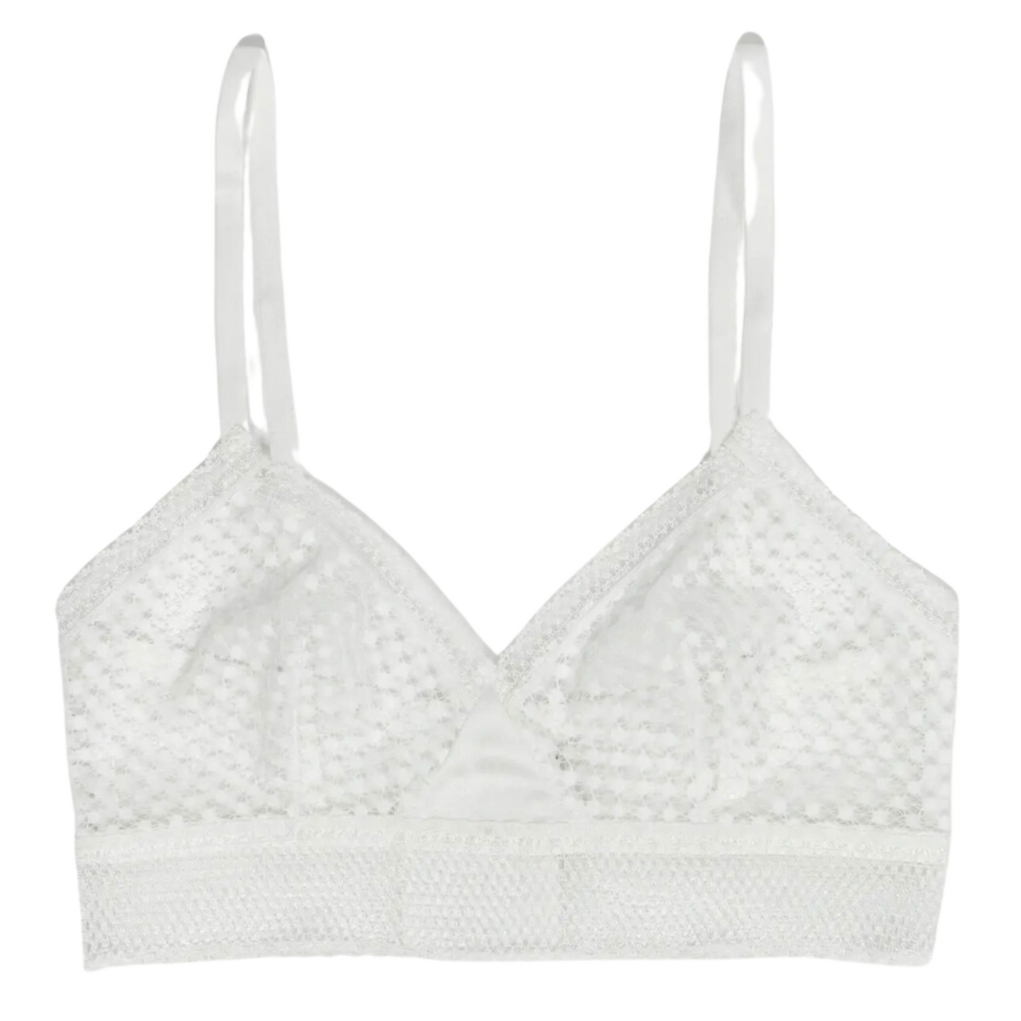 A white Else Bella Soft Cup Triangle Bra with geometric lace cups and satin detailing, displayed against a plain background.