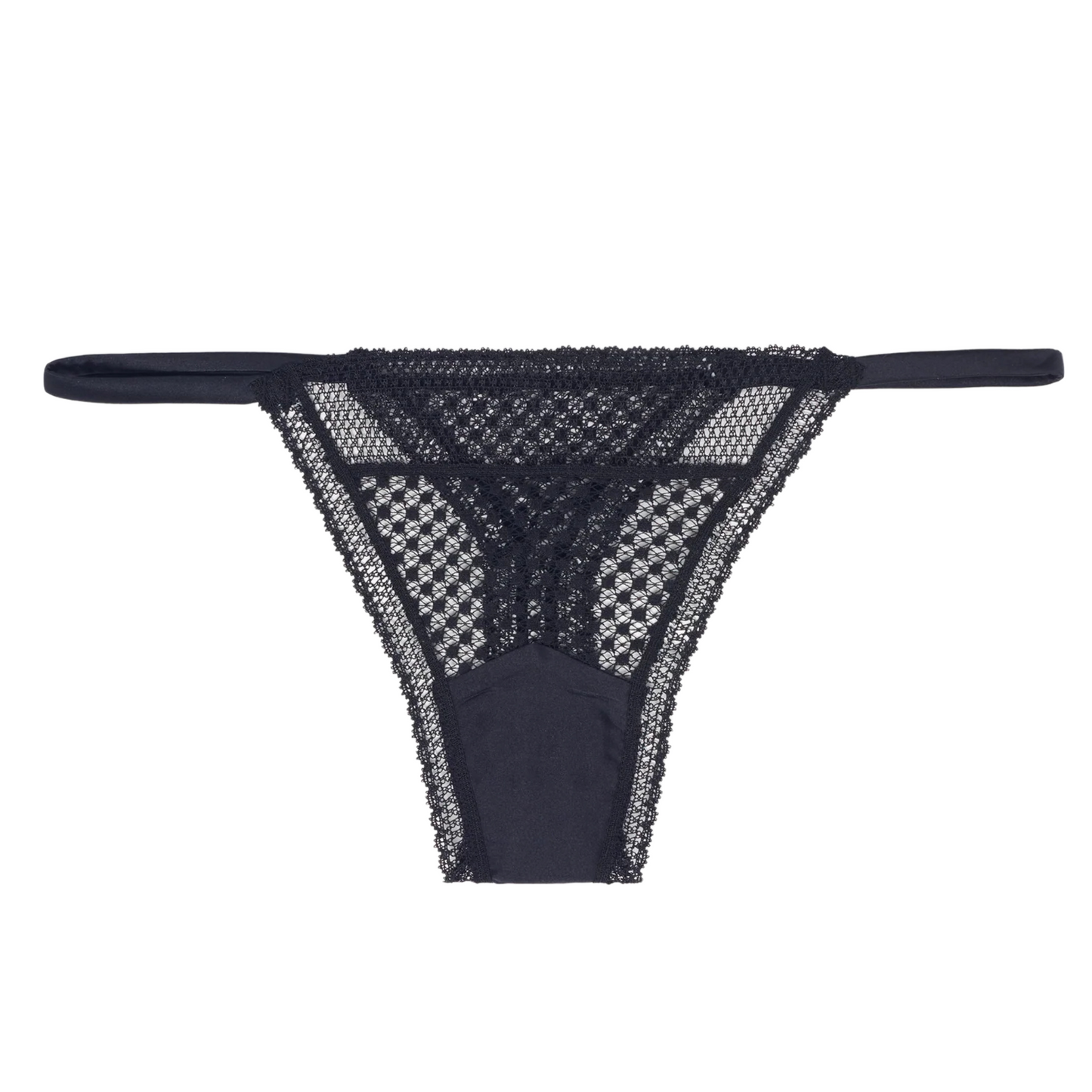 A white lace thong with skinny sides and minimal coverage in the back, featuring a lined cotton gusset.