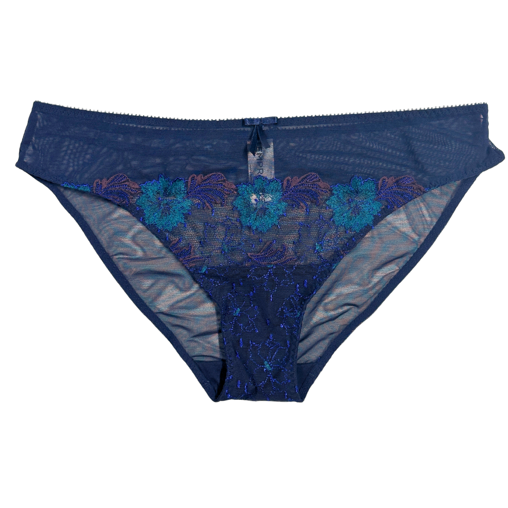 A pair of women's lace panties in navy blue with teal and purple floral embroidery across the front, shown flat against a white background.