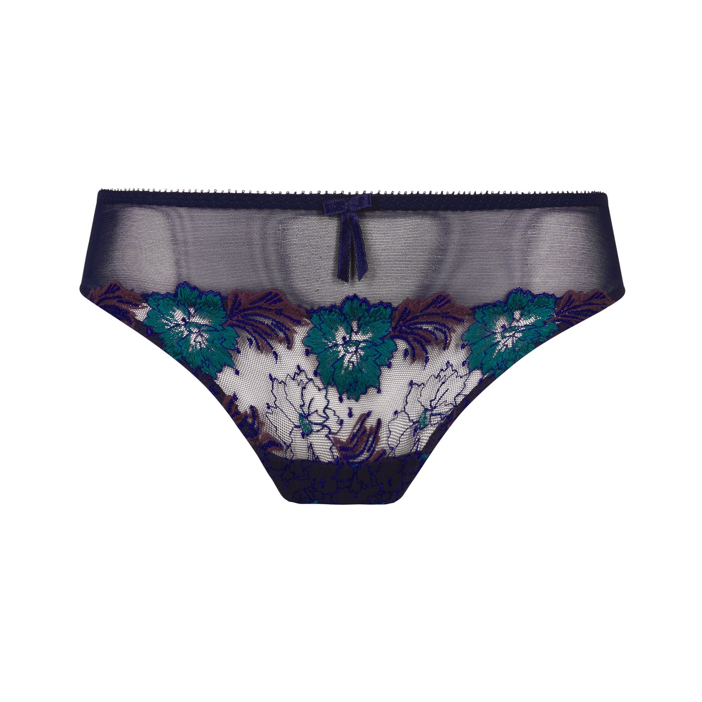 A pair of women's lace panties featuring a sheer dark gray mesh body, a navy blue waistband with a small front tie, and a floral lace overlay in teal and navy on a white mesh base.