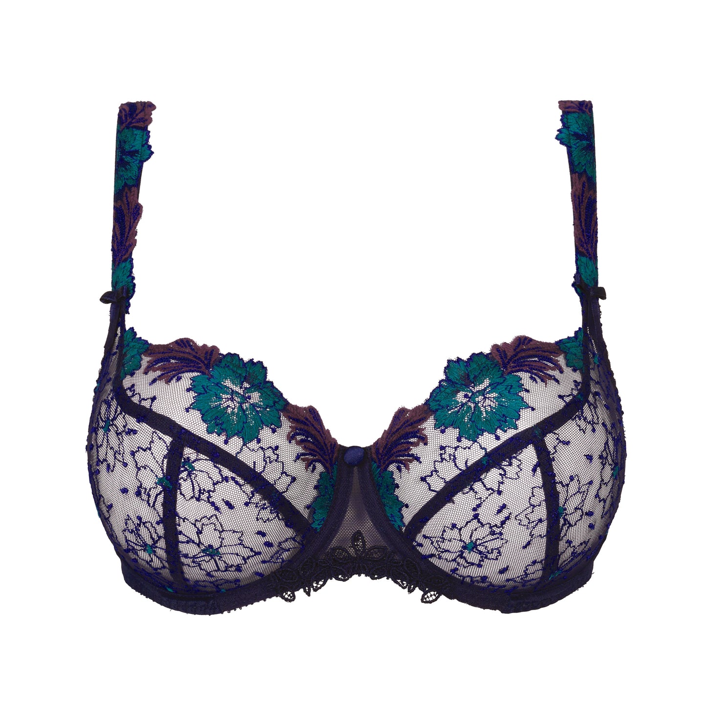White lace underwire bra with dark purple and teal floral embroidery, shown against a plain white background.