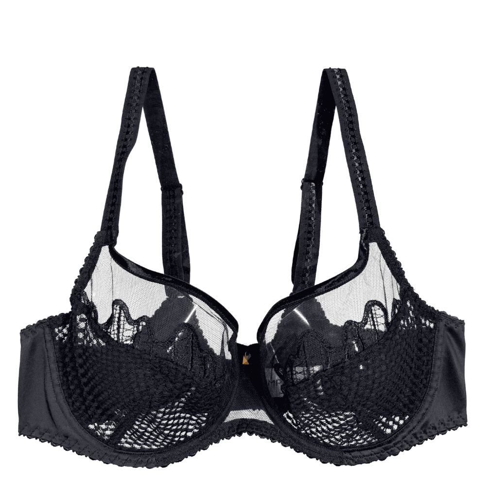 Black lace bra on a white background