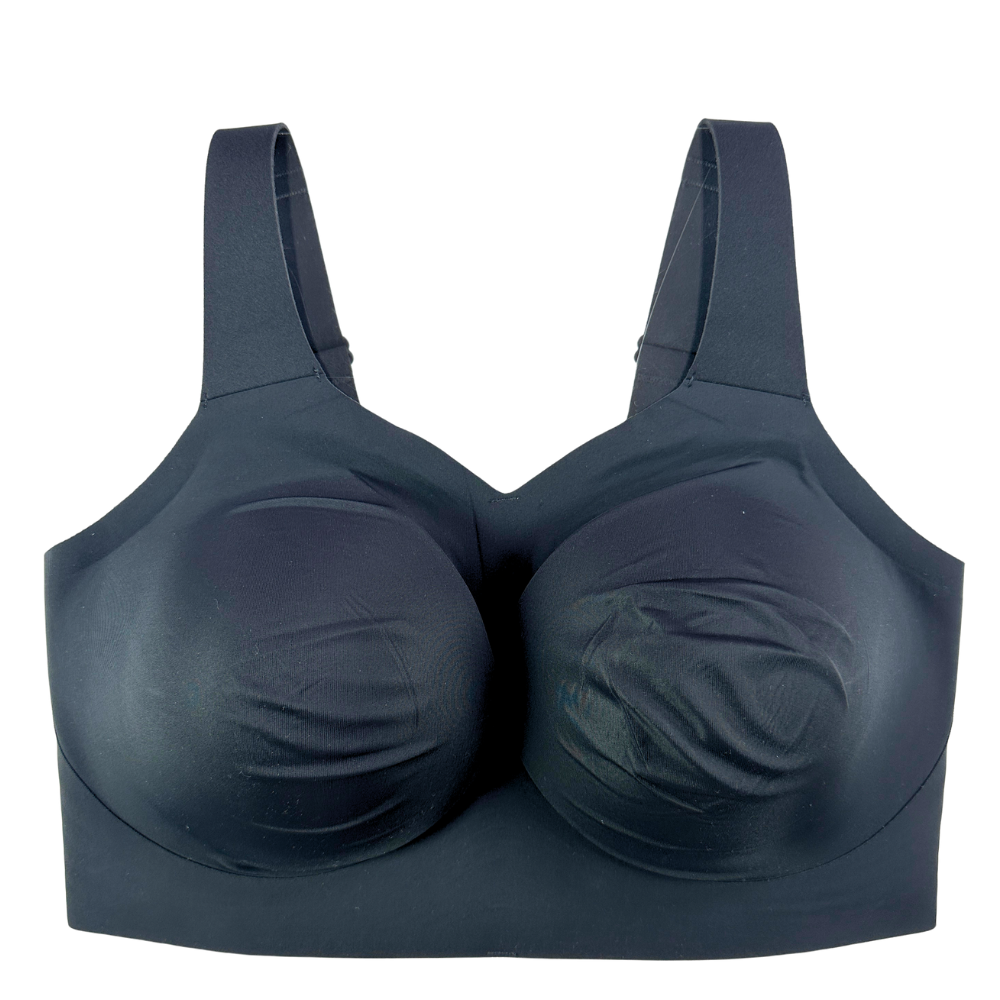 A dark navy blue wireless bra with wide shoulder straps and molded cups, shown against a plain white background.