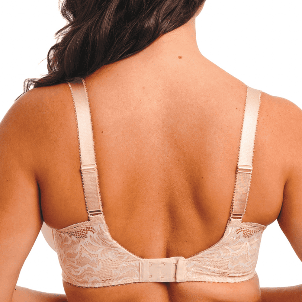 Fantasie emmaline spacer moulded bra in natural beige on a model back view, close-up.
