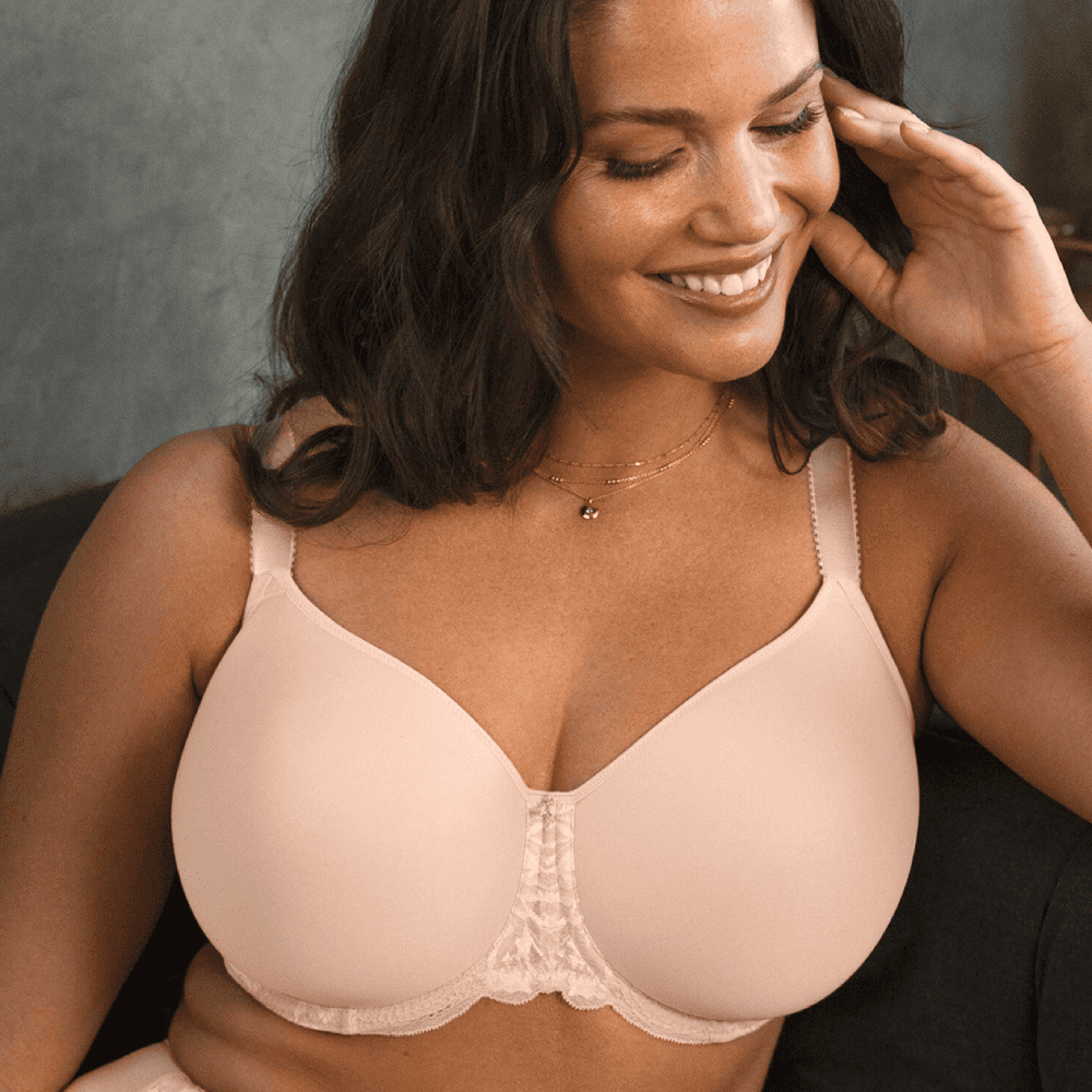 Fantasie emmaline spacer moulded bra in natural beige on a model front view, close-up.