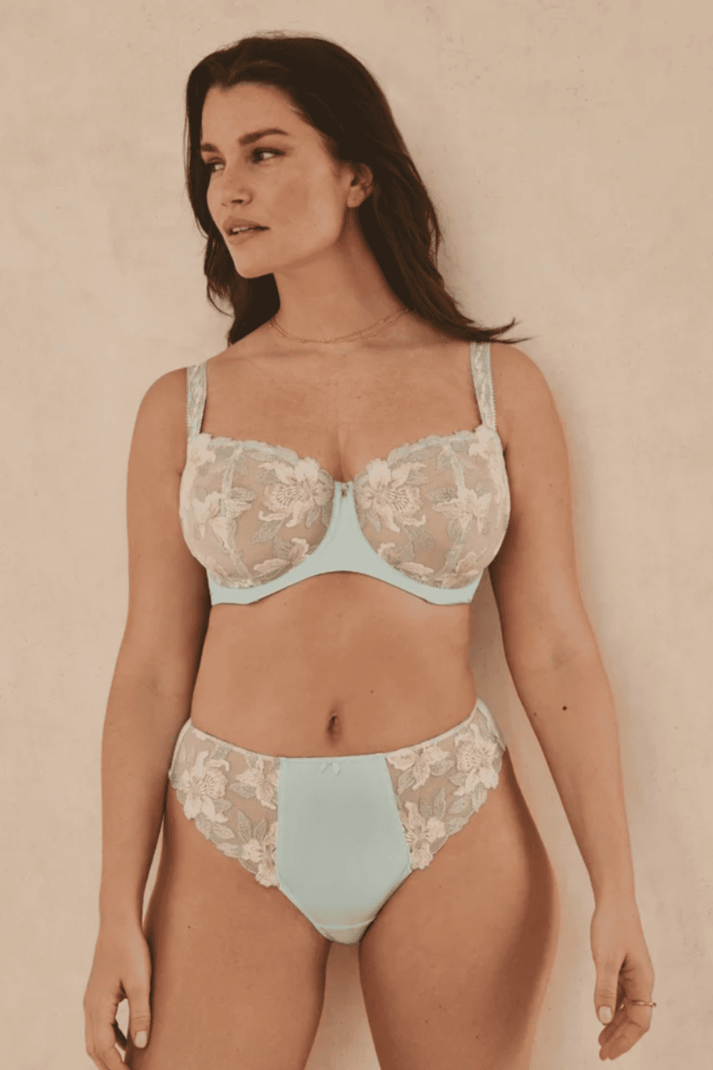 Fantasie magdalena thong in vintage green on a model front view.