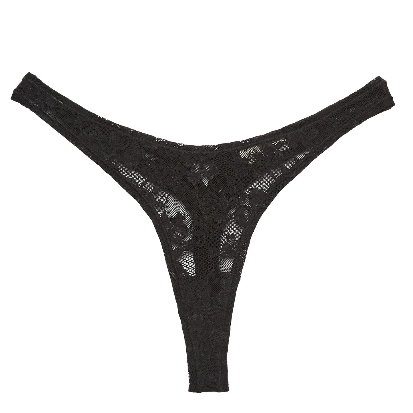 black lace thong against a white background