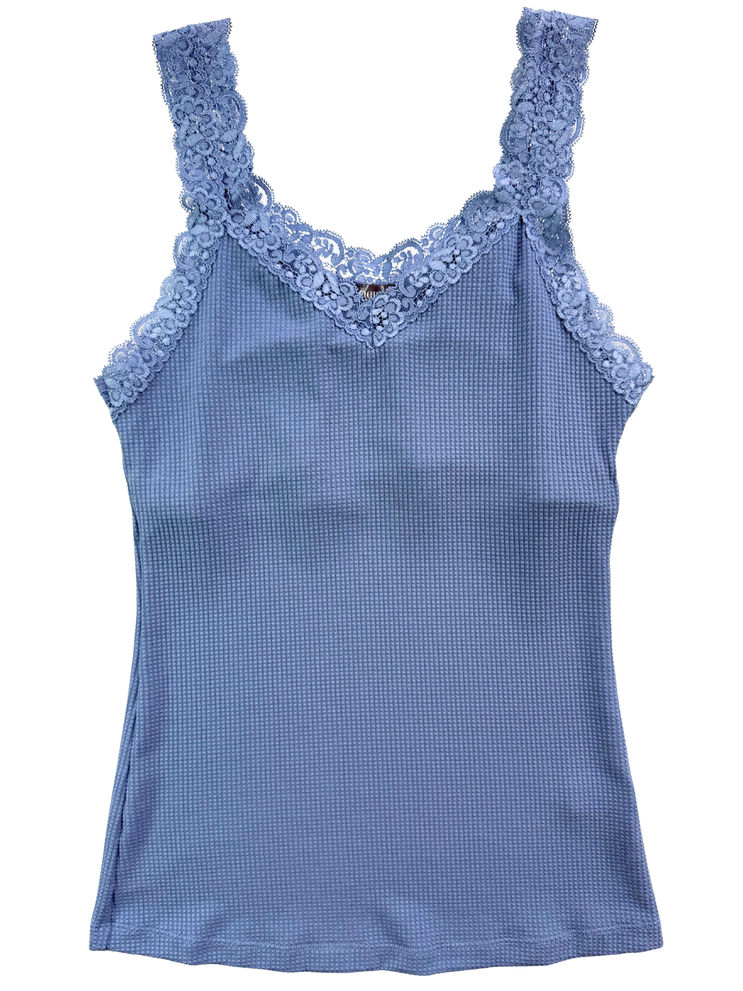 Blue tank top with lace detailing on a white background