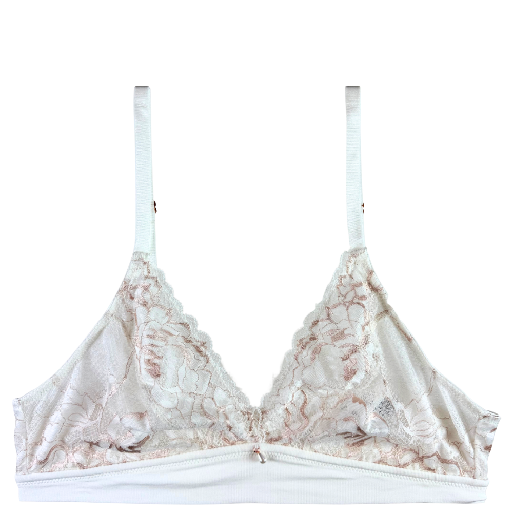 White lace underwire bra with floral lace cups and adjustable shoulder straps, shown flat on a white background.
